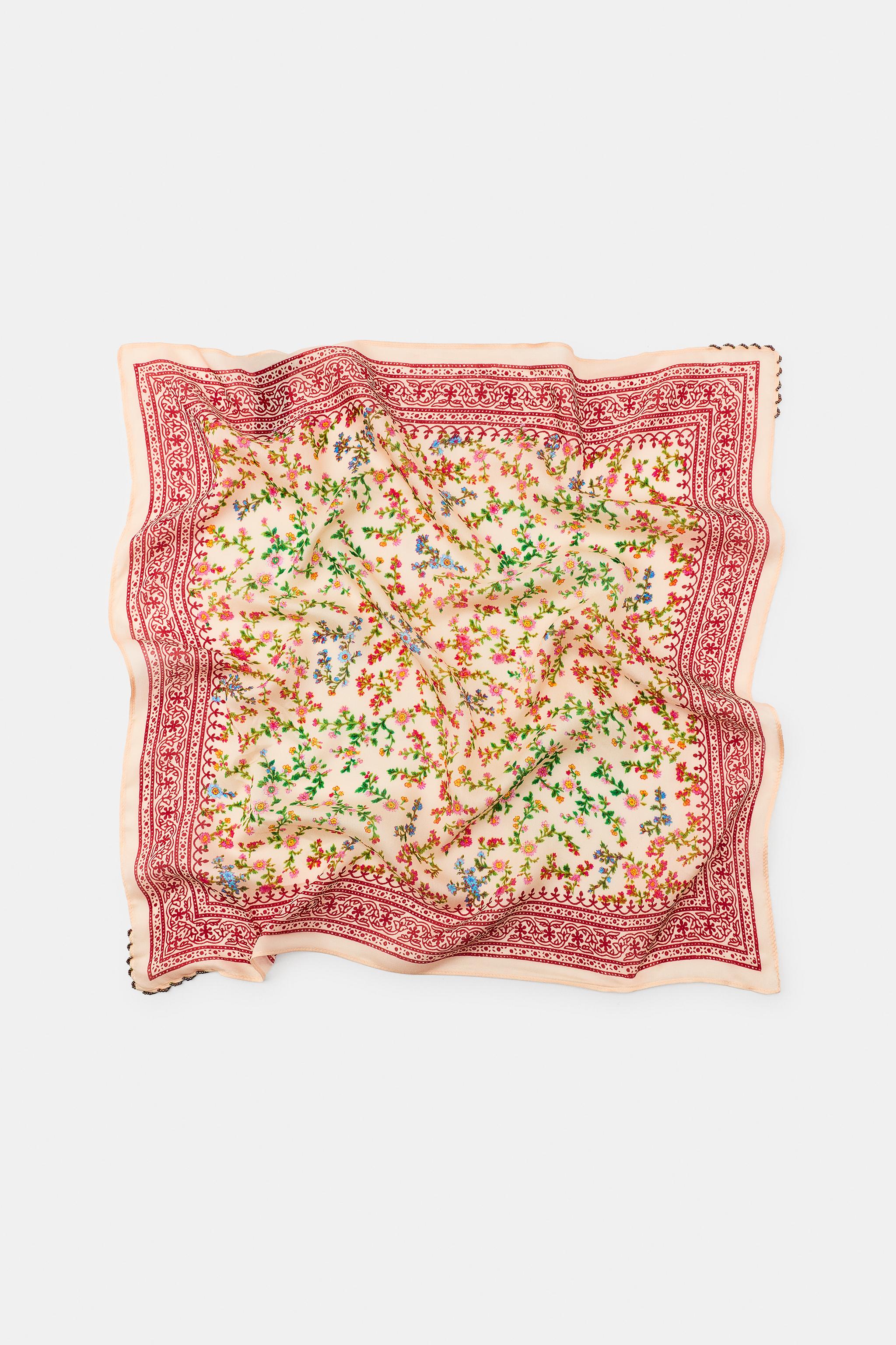 BEADED FLORAL PRINT SILK BANDANA